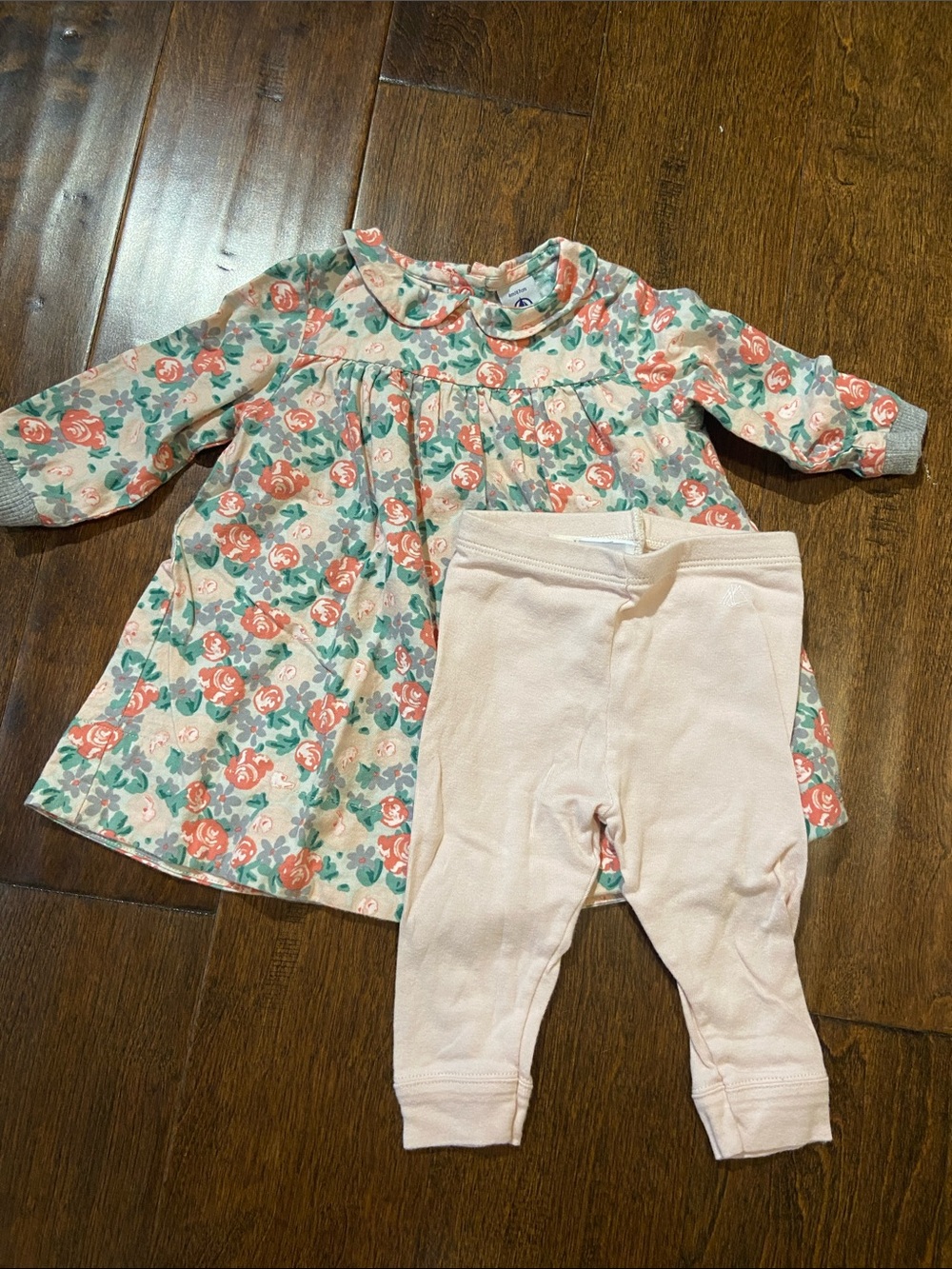 Petit Bateau baby girl 2 piece set floral SZ 6M long sleeve top & leggings